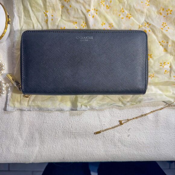 Coach New York Saffiano Leather Zip Around Wallet | Black or Navy Blue - Picture 1 of 10